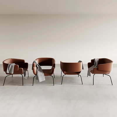 Modern Brown Leather Accent Chairs with Gray Blankets and Black Metal Legs 3d model