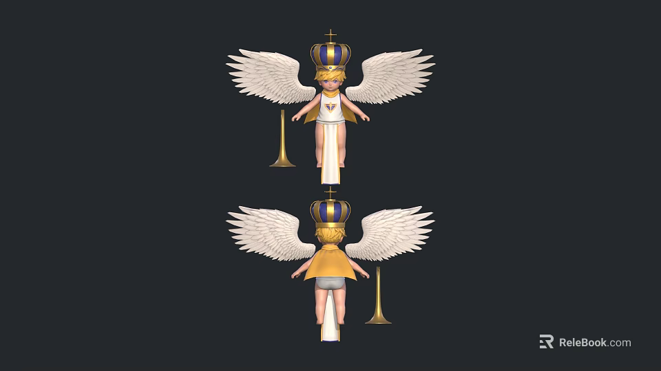 Two Angelic Characters With Wings Crown Bell And White Yellow Clothing 3d model 