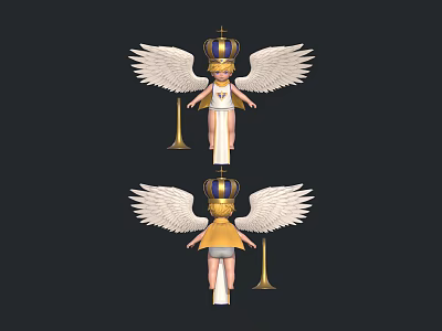Two Angelic Characters With Wings Crown Bell And White Yellow Clothing 3d model