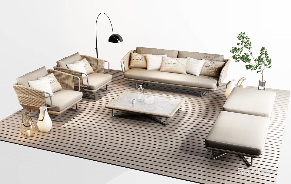 Modern Outdoor Patio Sofa Set With Wicker Design Coffee Table And Floor Lamp 3d model 