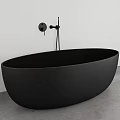 Black Freestanding Oval Bathtub With Matte Black Faucet And White Wall In Modern Bathroom