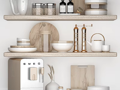 Kitchen Utensils Display with Kettle Jars Coffee Machine Cutting Board Spice Grinders and Stacked Bowls 3d model