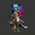 Colorful 3D Character Figurine With Blue Pink Hair Horns And Ornate Costume For Home Decor
