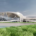 Unique Modern White Curved Architectural Structure In Green Grass Field With Blue Sky