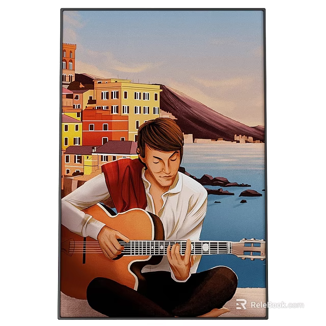 Portrait Painting of a Man Playing Acoustic Guitar with Colorful Buildings Coastal View and Rocks 3d model 