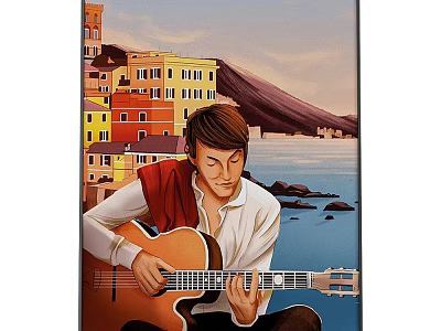 Portrait Painting of a Man Playing Acoustic Guitar with Colorful Buildings Coastal View and Rocks 3d model