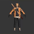 3D Character Model With Orange Hooded Jacket Black Pants Mask Gloves And Backpacked Axe Knife