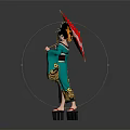 Geisha Character In Green Kimono With Dragon Creature Red Fan Art Design