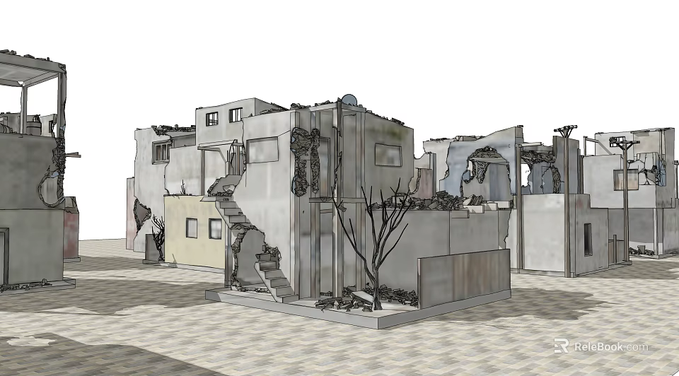 Architectural Model Featuring Irregular Structures Concrete Walls Staircase Small Tree And Paved Ground 3d model