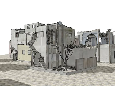 Architectural Model Featuring Irregular Structures Concrete Walls Staircase Small Tree And Paved Ground 3d model