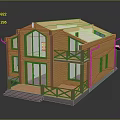 Cartoon Style Wooden House with Large Windows Balcony Staircase and Cozy Porch