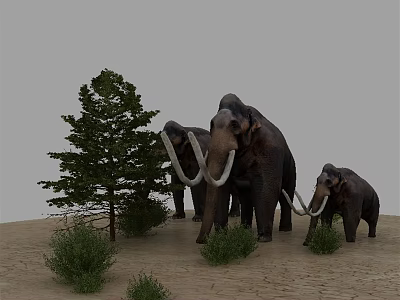 Group of Reptiles Roaming Sandy Terrain With Green Shrubs And Trees 3d model