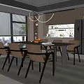 Modern Restaurant Open Kitchen With Wooden Dining Table Chairs Pendant Lights And City View