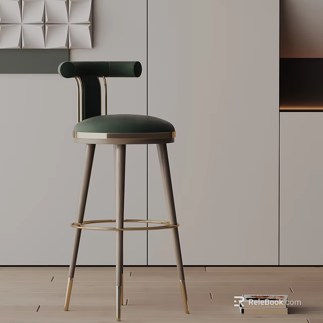 Modern Green Velvet Bar Stool With Curved Backrest Metal Legs And Gold Accent Ring 3d model 