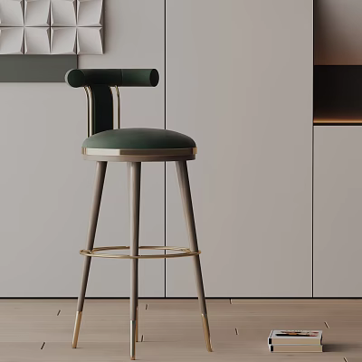 Modern Green Velvet Bar Stool With Curved Backrest Metal Legs And Gold Accent Ring 3d model