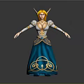 Elf Woman With Blonde Hair Golden Horns Blue Dress Gold Patterns And Arms Outstretched