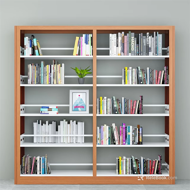 Wooden Bookcase With Brown Frame White Shelves Colorful Books Potted Plant And Photo Frame 3d model 
