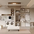 Modern Laundry Room Interior With Washing Machines Storage Cabinets And Open Shelves