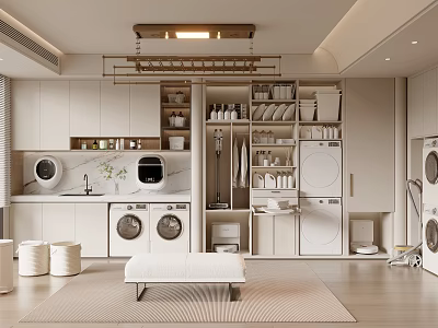 Modern Laundry Room Interior With Washing Machines Storage Cabinets And Open Shelves 3d model