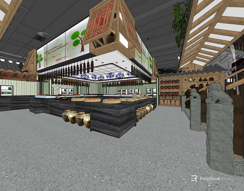 Modern Restaurant Interior With Open Layout Wooden Structures And Hanging Wine Bottles 3d model 