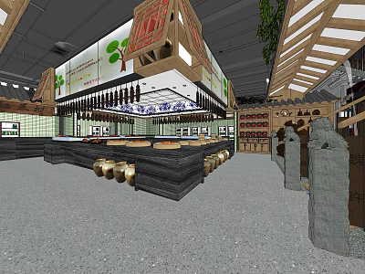 Modern Restaurant Interior With Open Layout Wooden Structures And Hanging Wine Bottles 3d model