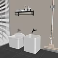 Modern Bathroom With Window Blinds Two White Square Sinks Black Shelf And Gray Floor Tiles