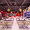 Modern Hotpot Restaurant Interior With Red Walls Hanging Lamps Dining Tables And Neon Signs