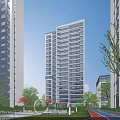 Modern High Rise Residential Building With Glass Curtain Walls Green Trees And Landscaped Water Feature