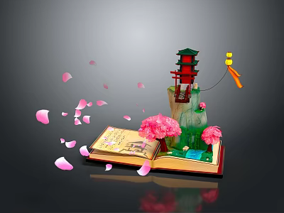 Cartoon Scene Featuring Open Book Red Tower Pink Cherry Blossoms Falling Petals And Yellow Lantern 3d model