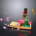 Cartoon Scene Featuring Open Book Red Tower Pink Cherry Blossoms Falling Petals And Yellow Lantern