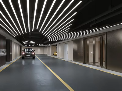 Modern Parking Garage Interior With Bright Ceiling Lights And Spacious Driveway Design 3d model