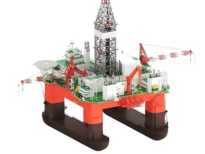 Offshore Oil Drilling Platform With Drilling Rig Cranes Green Deck And Orange Support Columns 3d model