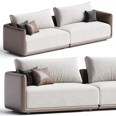 Modern Two Seater Sofa Featuring Light Beige Fabric Dark Brown Armrests And Plaid Brown Cushions 3d model