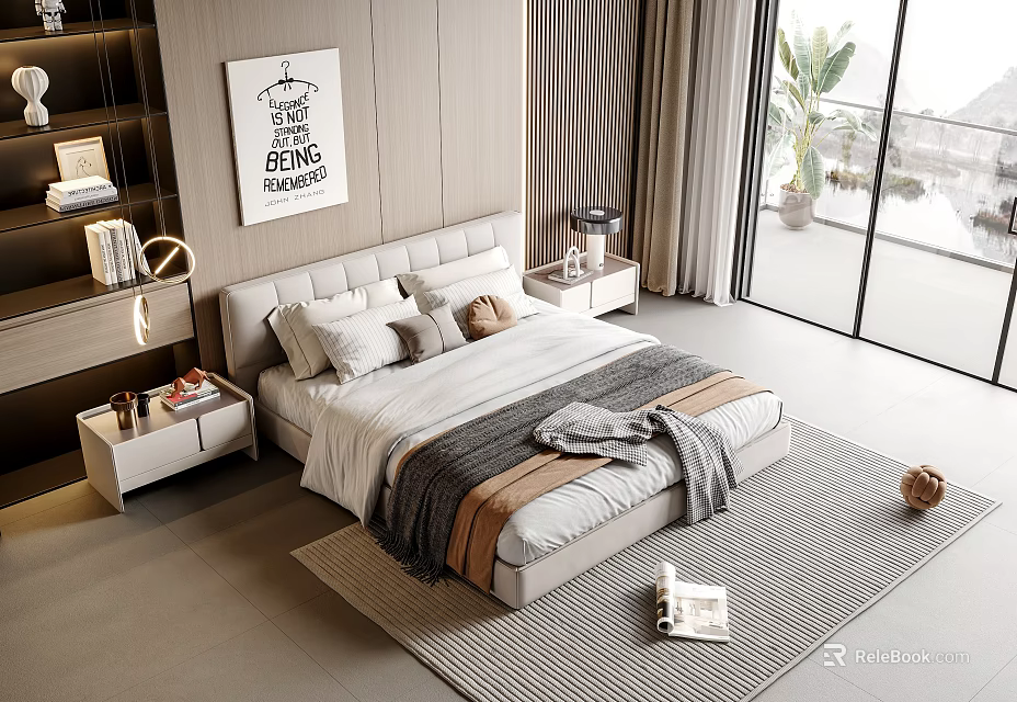 Cozy Modern Double Bed with Bedside Tables Decorative Painting and Floor to Ceiling Windows 3d model 