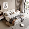Cozy Modern Double Bed with Bedside Tables Decorative Painting and Floor to Ceiling Windows