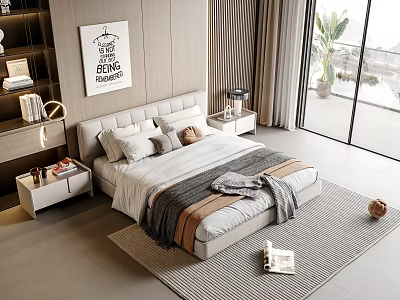 Cozy Modern Double Bed with Bedside Tables Decorative Painting and Floor to Ceiling Windows 3d model