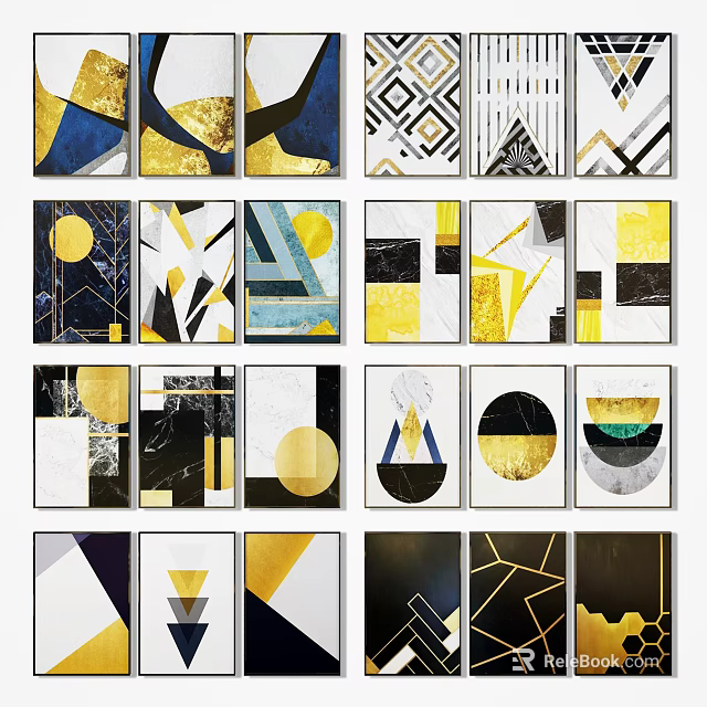 Modern Abstract Paintings With Gold Blue Black White Geometric Shapes And Lines 3d model 