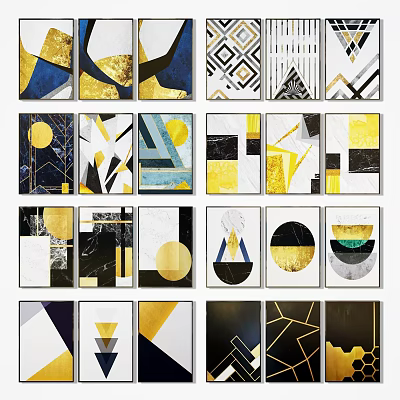 Modern Abstract Paintings With Gold Blue Black White Geometric Shapes And Lines 3d model
