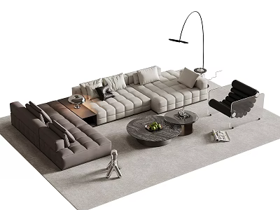 Modern Gray L Shaped Sofa With Round Coffee Table And Floor Lamp In Living Room 3d model