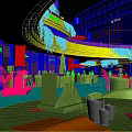 Illuminated Commercial Street with Multi storey Buildings Shops Dining Areas and Green Plants Evening Atmosphere