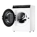 Modern Front Load Washing Machine With White Body Black Circular Door And Drum View