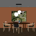 Elegant Restaurant With Orange Walls Hanging Circular Pendant Lights Large Green Abstract Painting Round Table