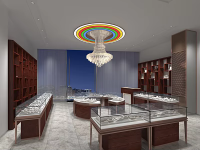 Modern Jewelry Store Interior With Glass Display Cases Wooden Shelves And Colorful Circular Chandelier 3d model
