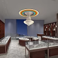 Modern Jewelry Store Interior With Glass Display Cases Wooden Shelves And Colorful Circular Chandelier