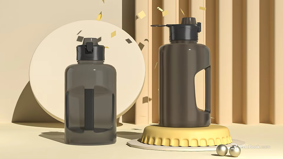 Modern Gray and Brown Water Bottles with Black Lids and Handle for Daily Use 3d model 