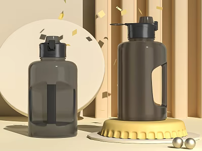 Modern Gray and Brown Water Bottles with Black Lids and Handle for Daily Use 3d model