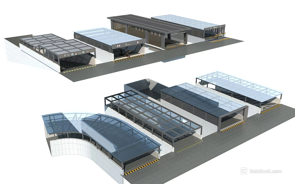Road Facilities With Transparent Canopies Multiple Connected Structures And Yellow Ground Lines 3d model