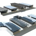 Road Facilities With Transparent Canopies Multiple Connected Structures And Yellow Ground Lines 3d model