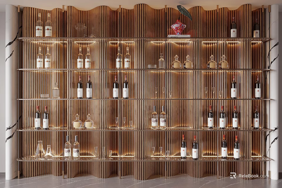 Modern Wooden Wine Cabinet With Multi tiered Shelves Illuminated Wine Bottles And Glassware 3d model 
