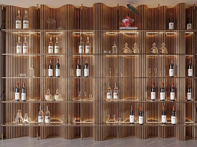 Modern Wooden Wine Cabinet With Multi tiered Shelves Illuminated Wine Bottles And Glassware 3d model